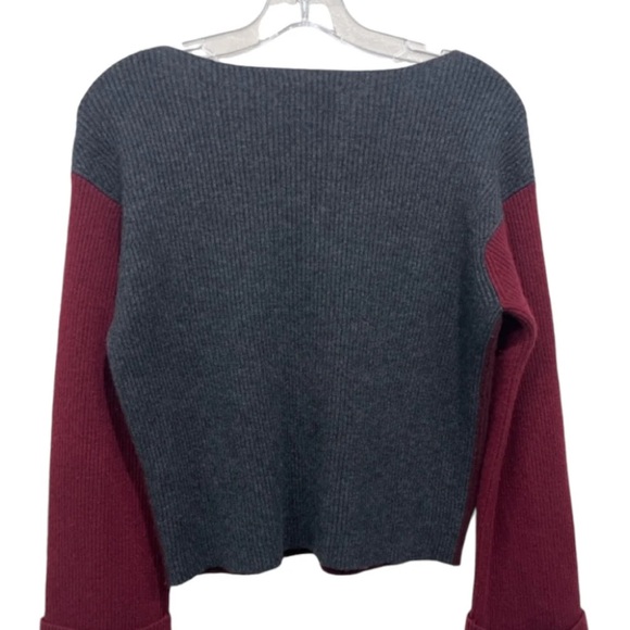 VINCE Cashmere burgundy and gray color block rounded v neck sweater - Picture 3 of 5